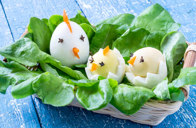 Boiled eggs decorate in the form of chicks and hens