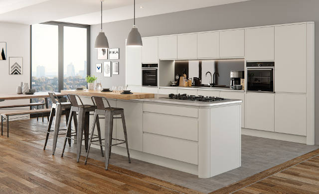 White and Grey Kitchen with Island Breakfast Bar