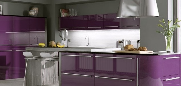 Purple Gloss Kitchen with Island and Breakfast Bar