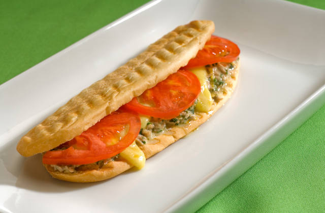 Tuna tomato and cheese grilled panini sandwich close up on a plate