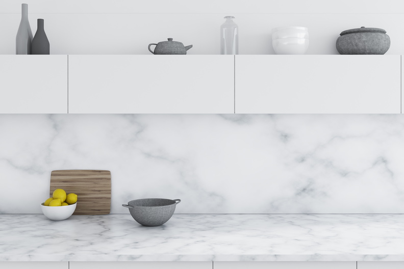 Marble kitchen, white counters close up